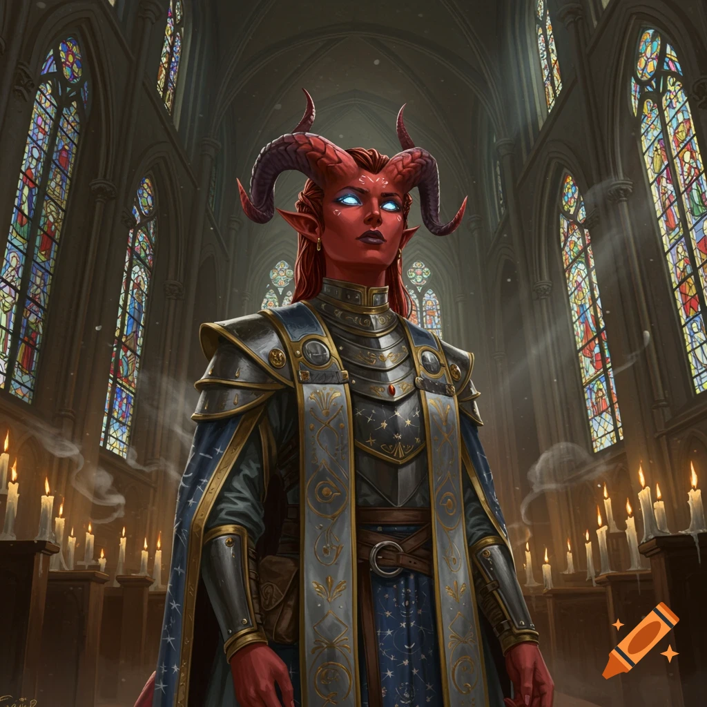 A red-skinned Tiefling cleric in ornate armor stands in a grand cathedral with stained-glass windows and lit candles, digital art.