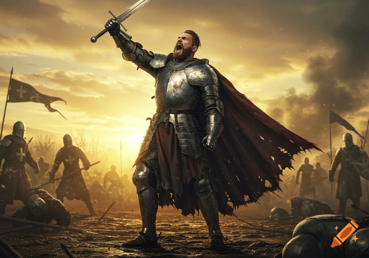 Triumphant medieval knight in battle armor, sword raised, cheering on a muddy battlefield at golden hour with other knights in the background.