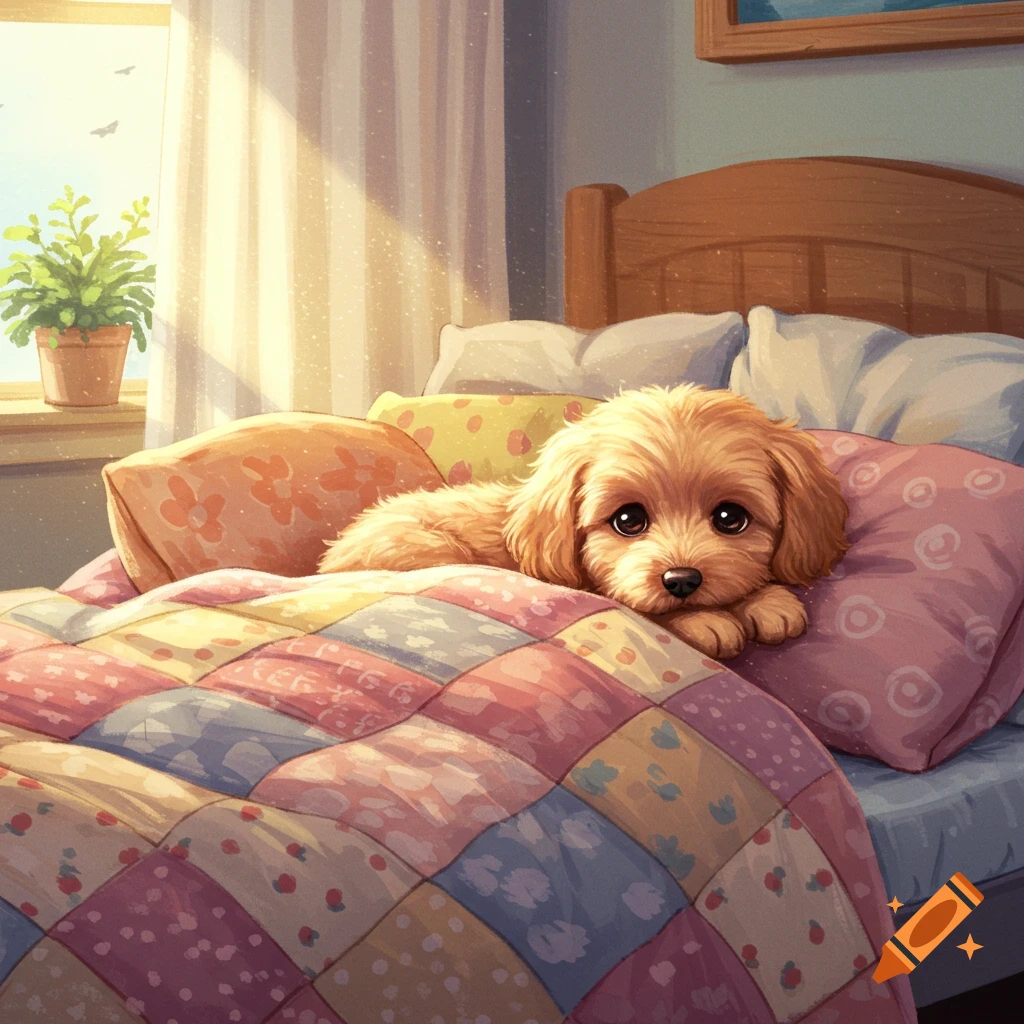 A cute fluffy puppy lies on a colorful patchwork quilt in a sunny bed, anime style.