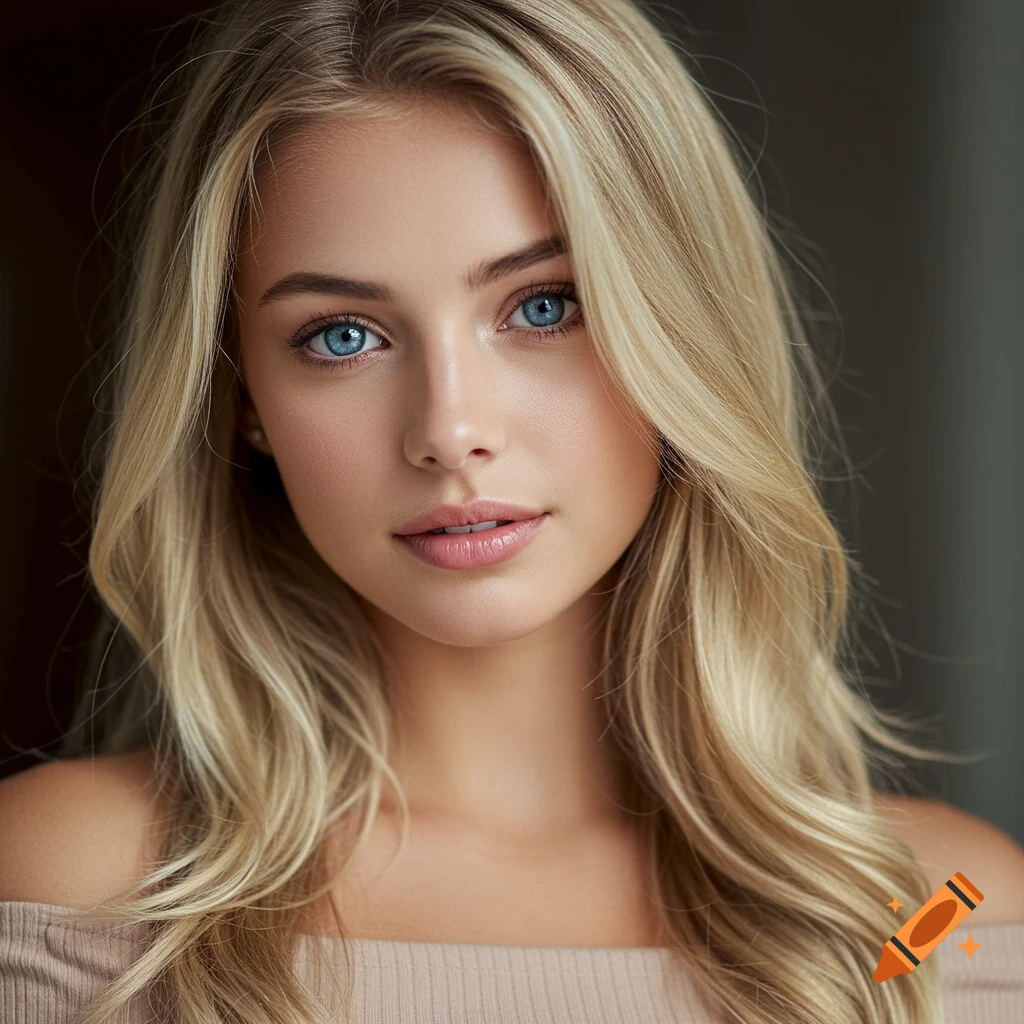 Photorealistic portrait of a young woman with blonde hair and blue eyes, wearing an off-shoulder top.