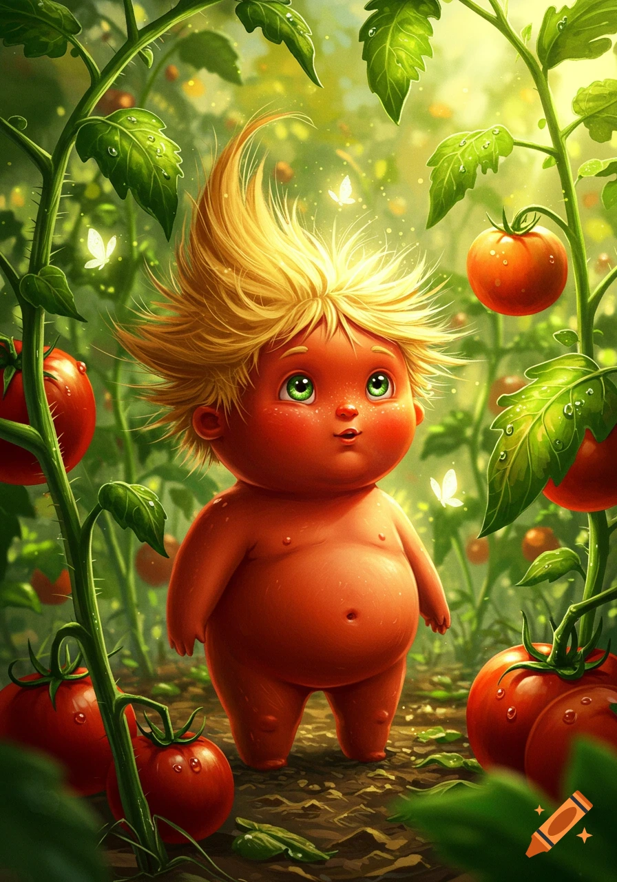 Whimsical illustration of a red, baby-like creature with spiky blonde hair in a lush garden with ripe tomatoes.