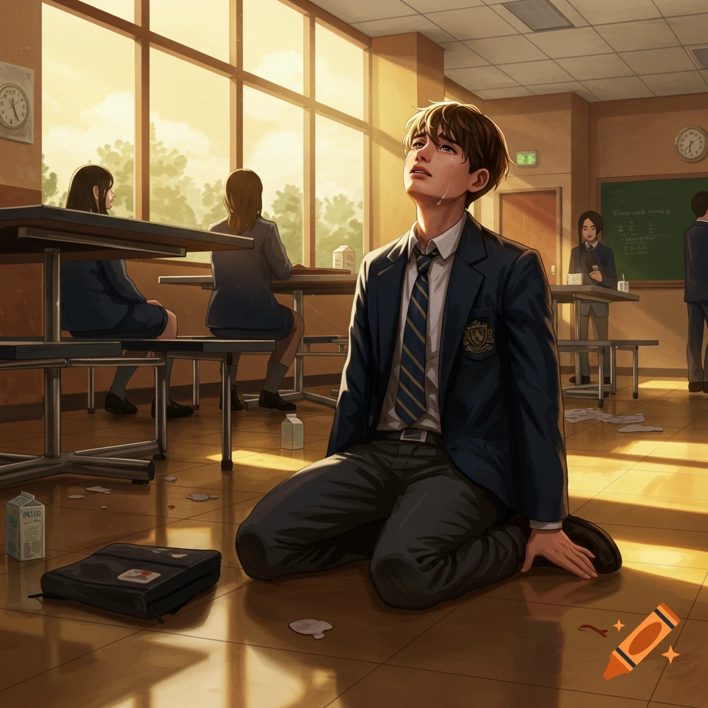 An anime-style image of a boy in a school uniform kneeling and crying on the floor of a sunlit school cafeteria, with spilled milk nearby.