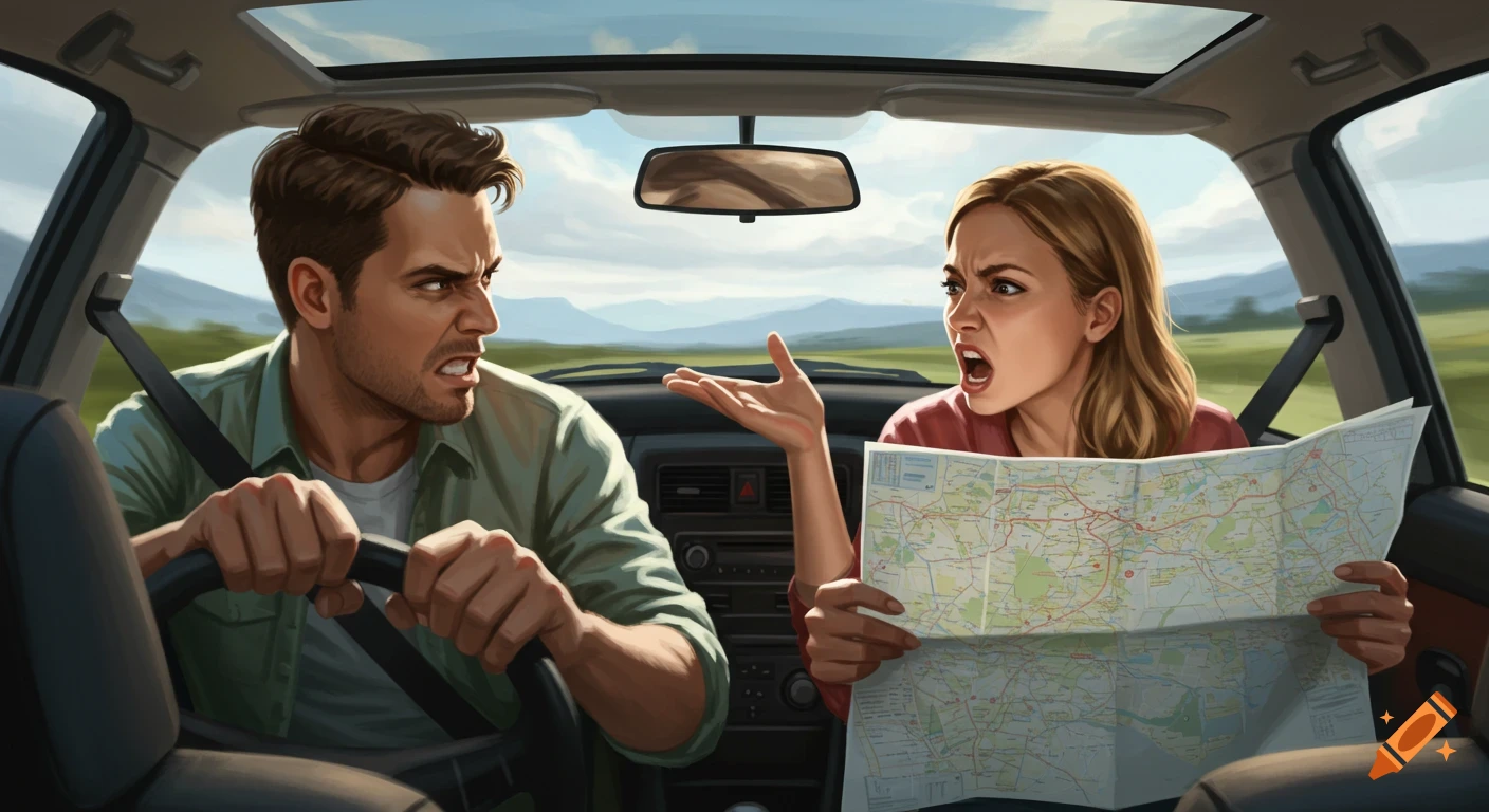 An angry man drives while a frustrated woman, holding a map, argues with him in a car interior, looking out at a road.