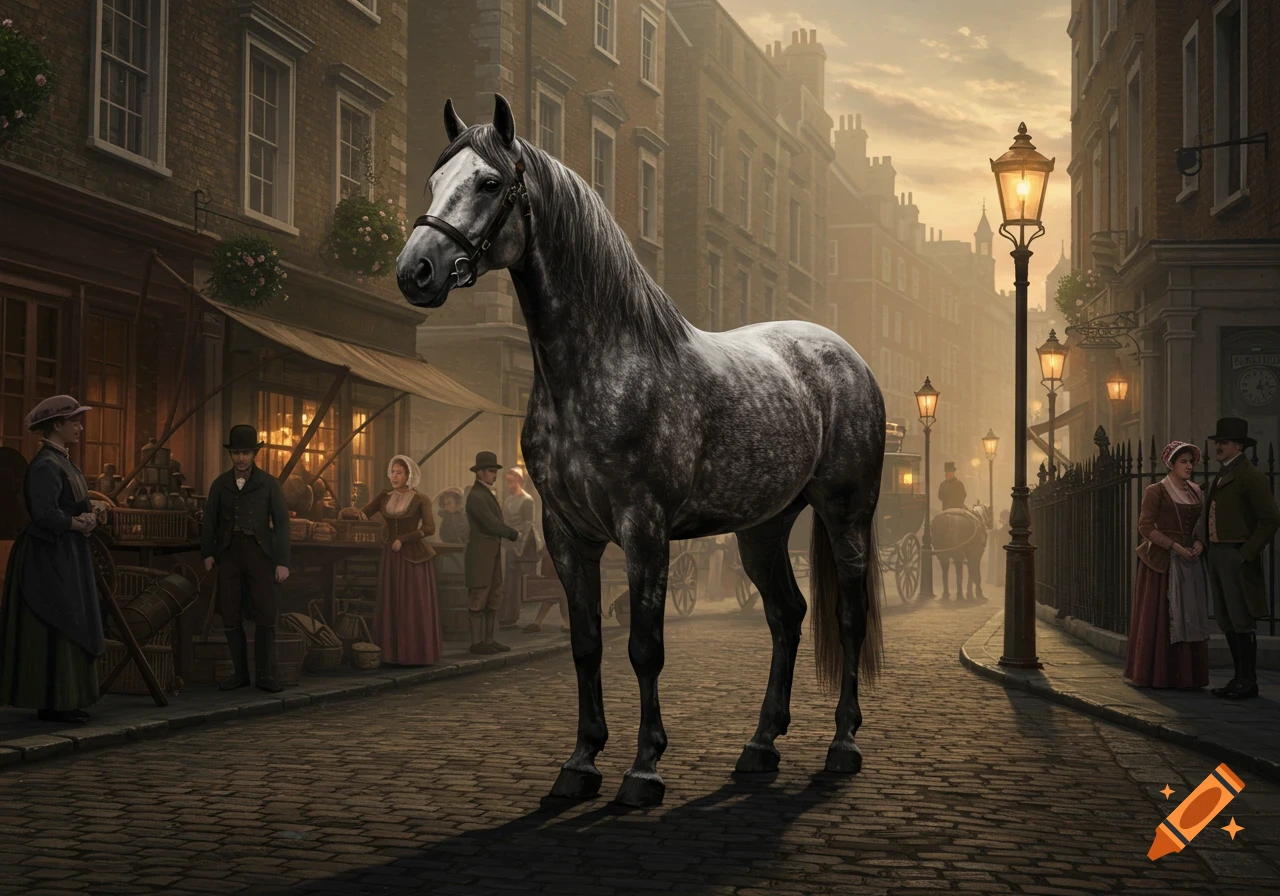 A dapple gray horse stands on a cobblestone street in a bustling 19th-century London street scene with period-dressed people and glowing lampposts.