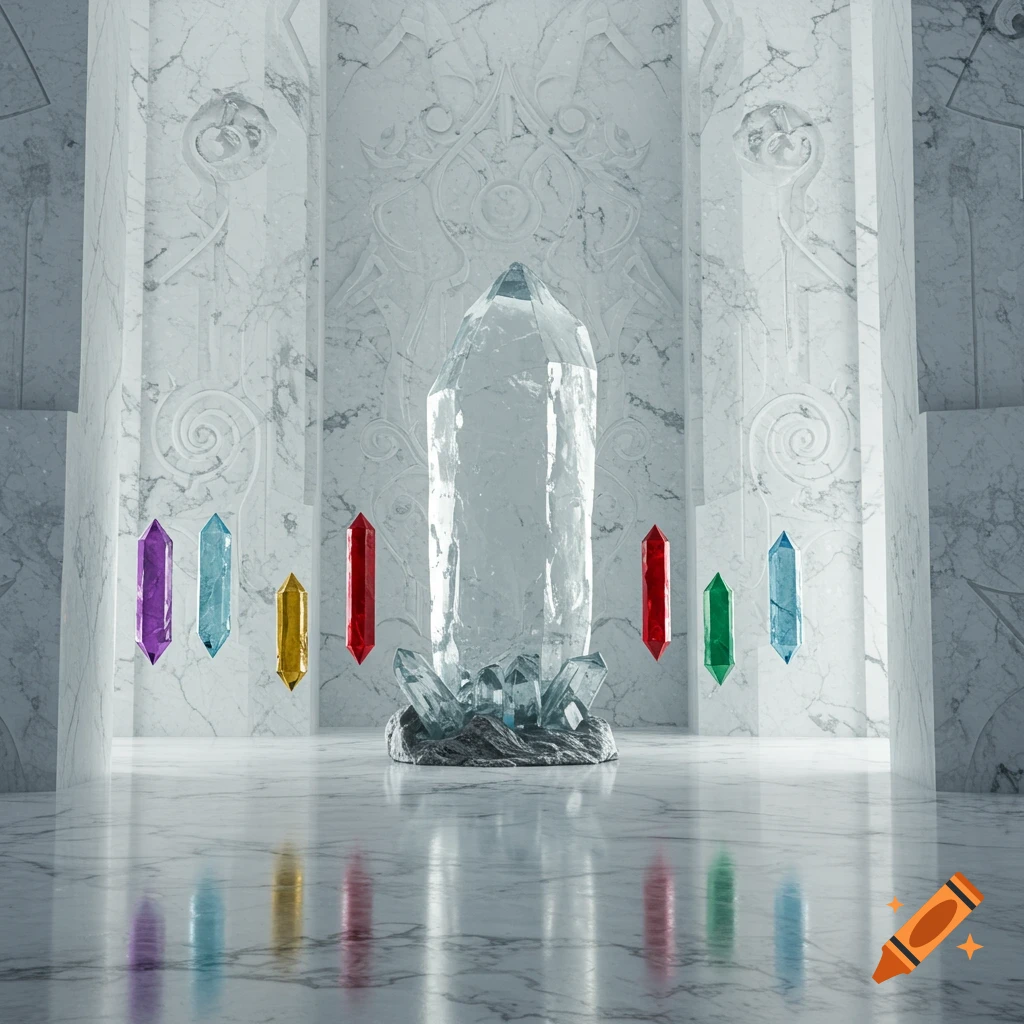 A tall clear crystal stands in a white marble room with ornate walls, surrounded by six floating colored crystals.