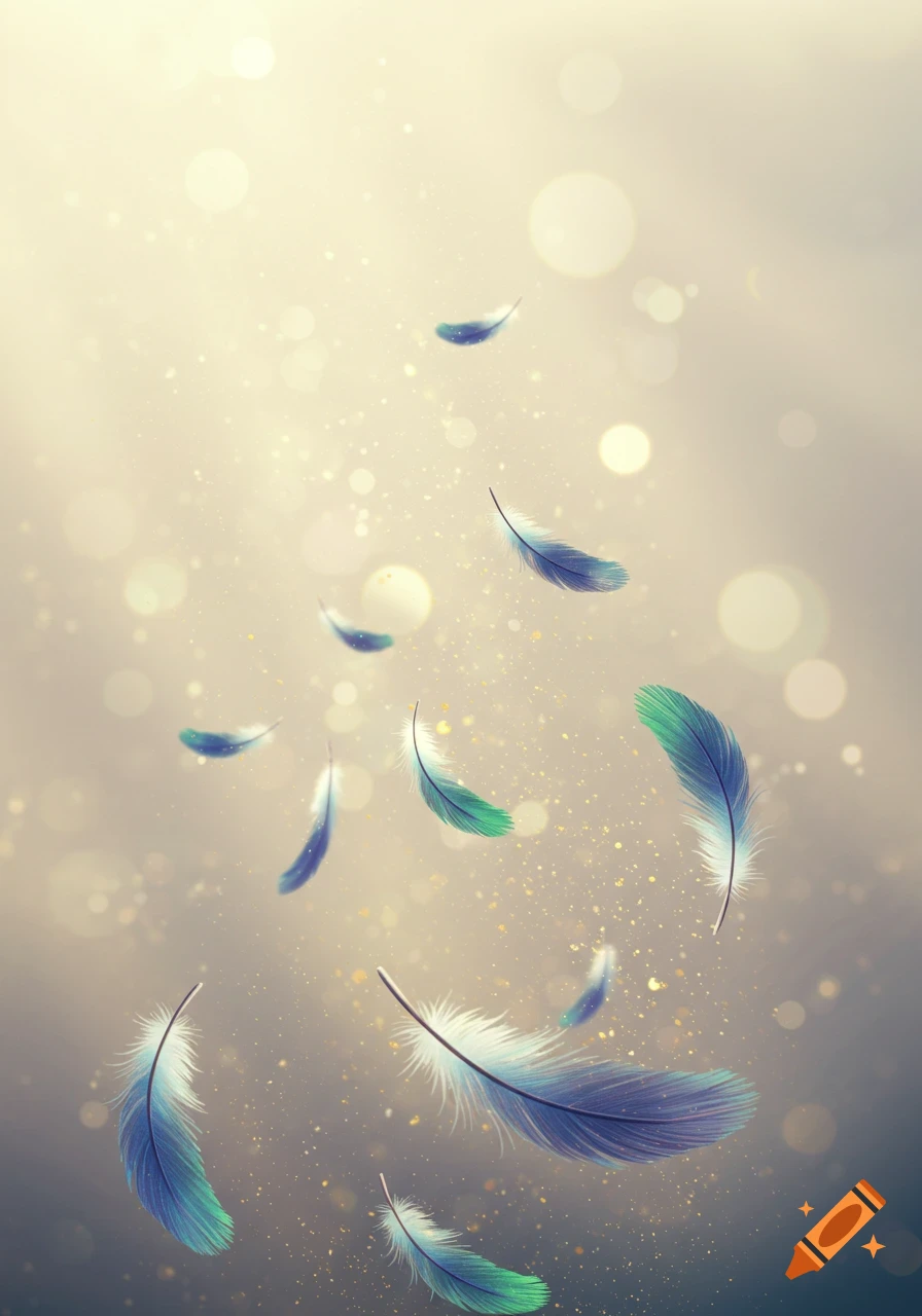 Blue and green feathers float among sparkling light and bokeh orbs on a glowing background.