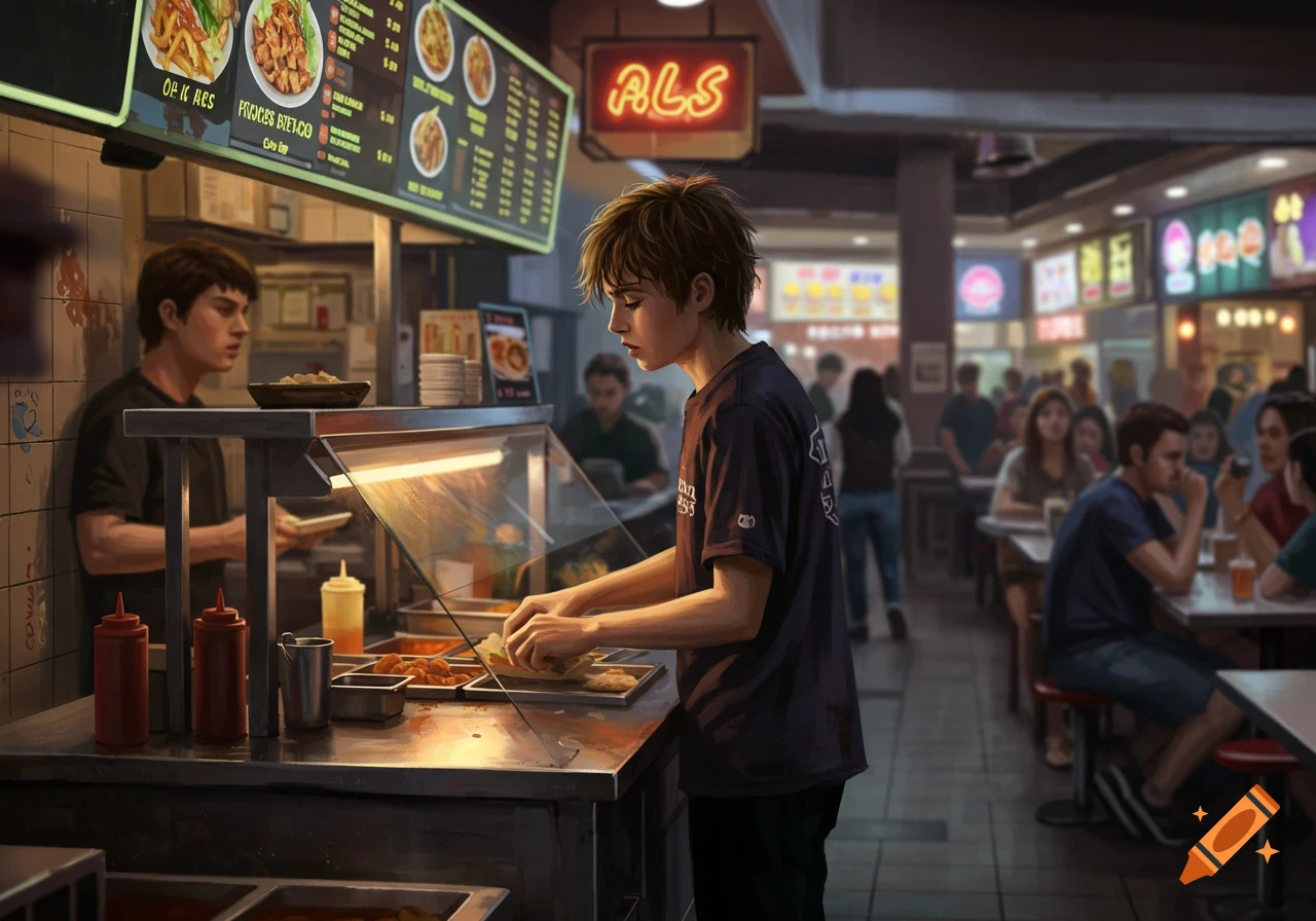 A teenager with messy hair and a dark shirt works behind a food court counter, preparing food. Another employee stands nearby, and customers are seated at tables in the background. Photorealistic style.