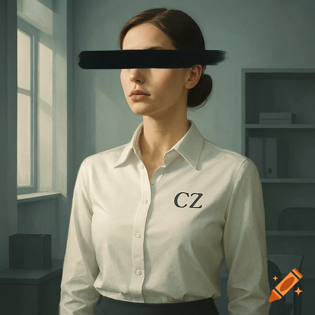 A photorealistic portrait of a woman in a white shirt with "CZ" on it and a black bar over her eyes, in an office.