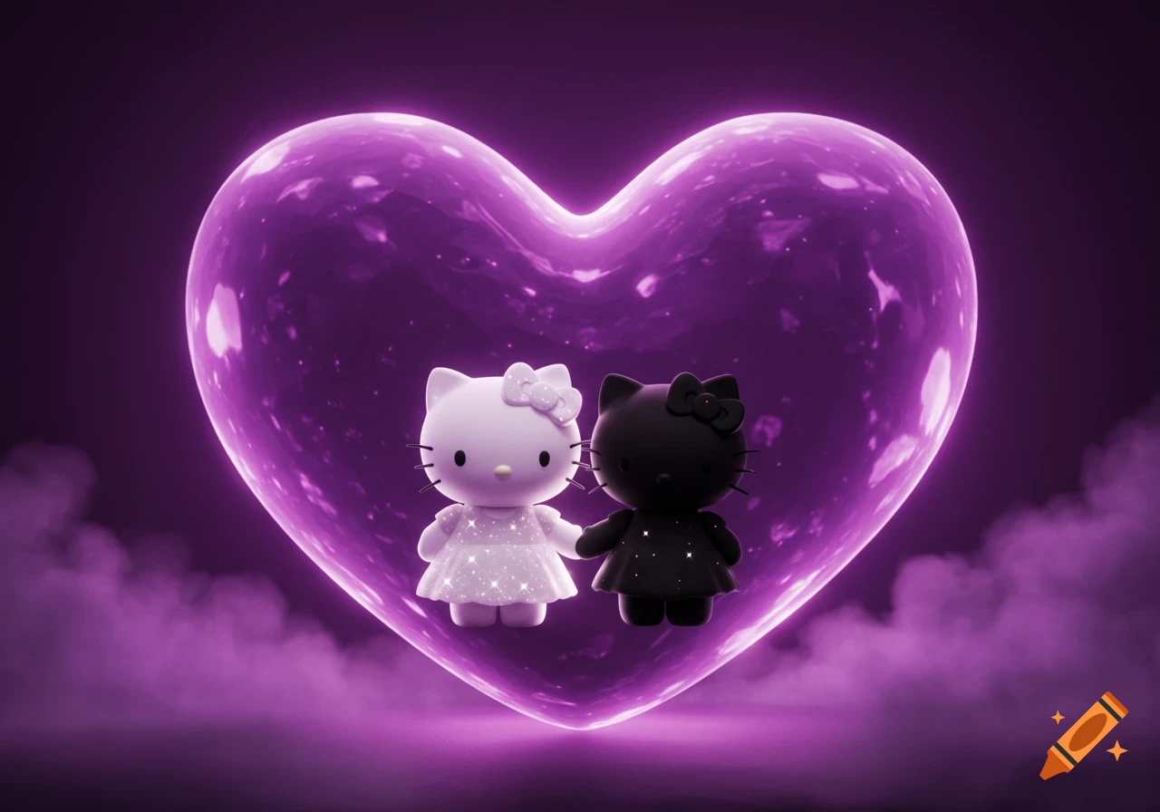 Two stylized Hello Kitty figures, one white and one black, hold hands inside a giant glowing purple heart, surrounded by purple mist.
