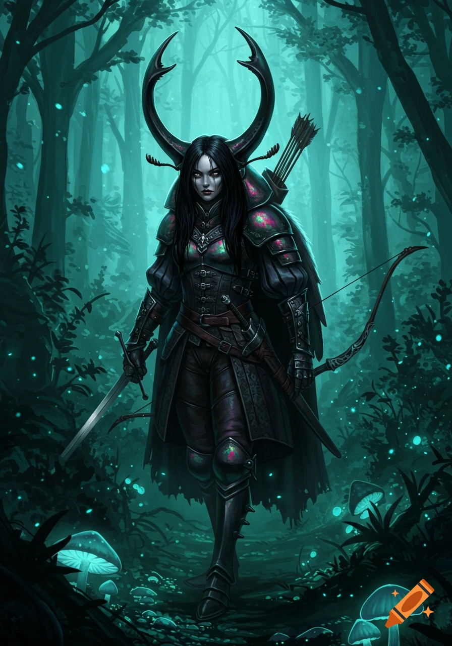 A female warrior with large black beetle-like horns, black hair, and iridescent armor, stands in a dark, bioluminescent forest with a sword and bow.