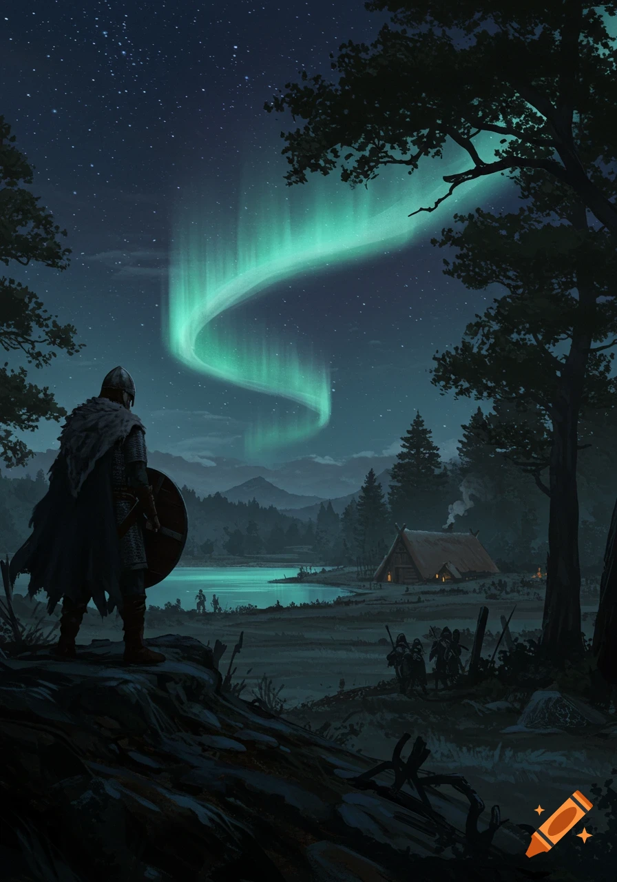 A warrior stands on a cliff overlooking a lakeside village under a vibrant green aurora borealis at night, illustration.