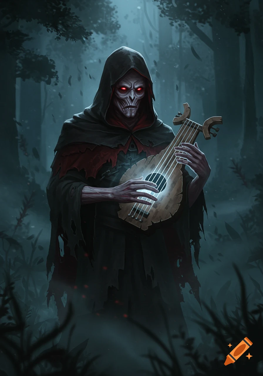 A dark fantasy illustration of a skeletal, hooded figure with glowing red eyes playing a glowing lute in a misty forest.