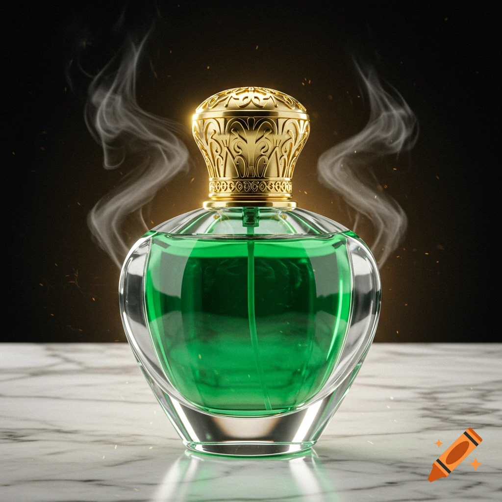 Elegant glass fragrance bottle with green liquid, ornate gold cap, and wisps of smoke on a marble surface.