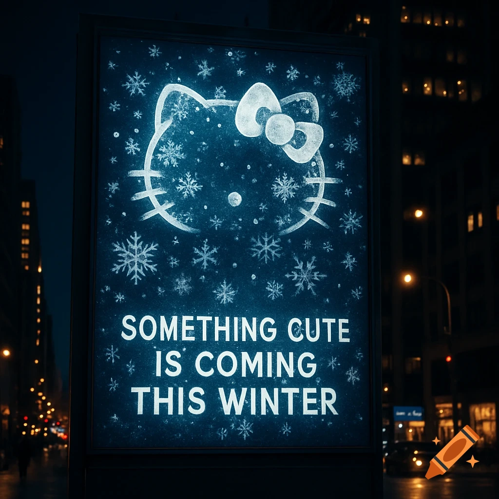 A glowing billboard on a dark city street displays a Hello Kitty-like face with snowflakes and text 'Something cute is coming this winter'.