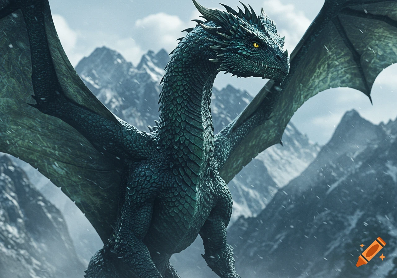 A majestic green dragon with large wings and glowing yellow eyes stands in a snowy mountain landscape, looking to the right.