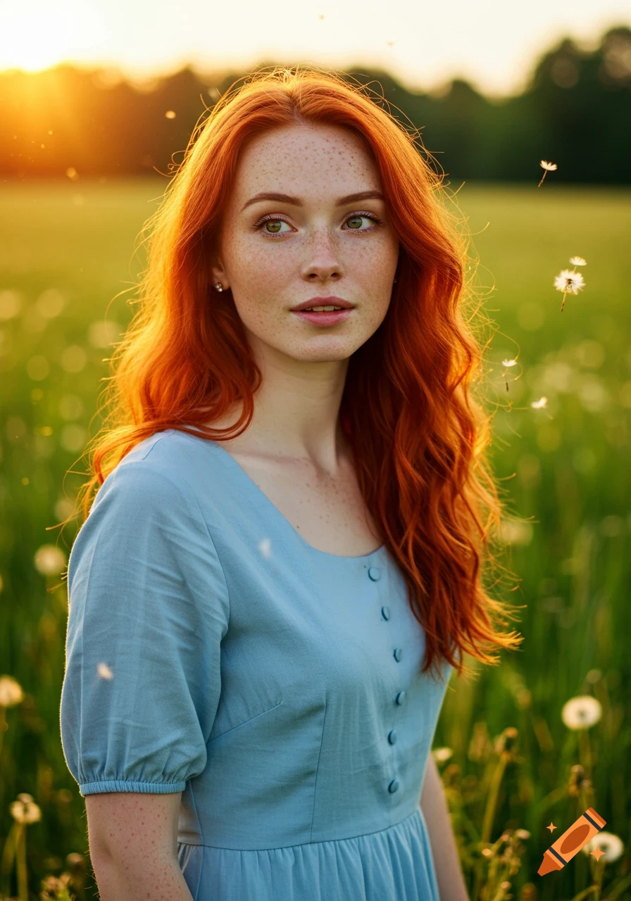 A young woman with long red hair, freckles, and green eyes in a blue dress stands in a dandelion field at golden hour.