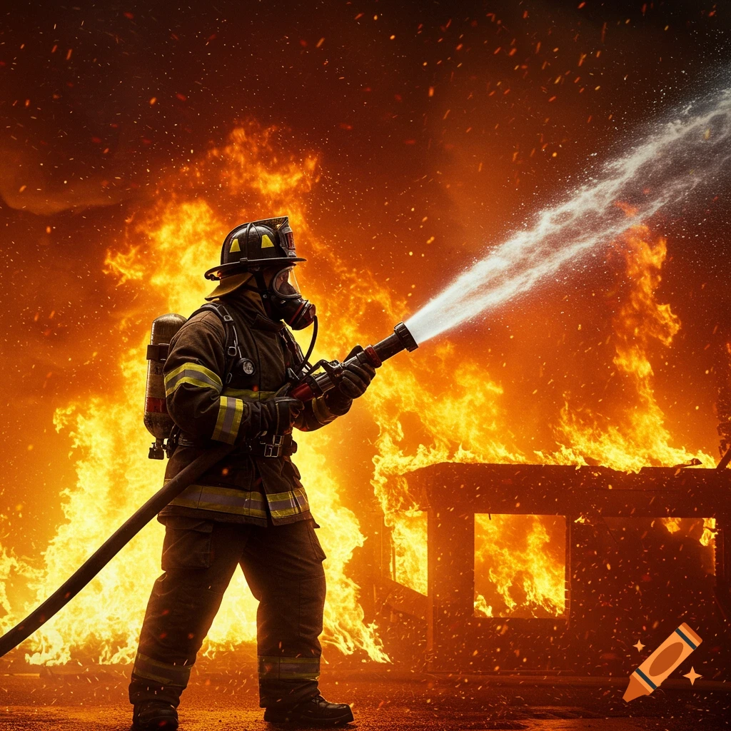 A firefighter sprays water on a large, intense fire, wearing full protective gear with flames illuminating the background.