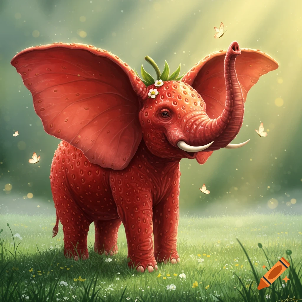A whimsical, red strawberry-textured elephant with leaf hair stands in a sunny, grassy field with butterflies.
