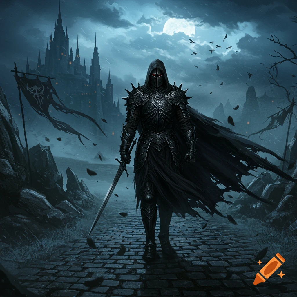 Dark fantasy knight in black spiked armor with a sword walks on a cobblestone path towards a gothic castle under a full moon.