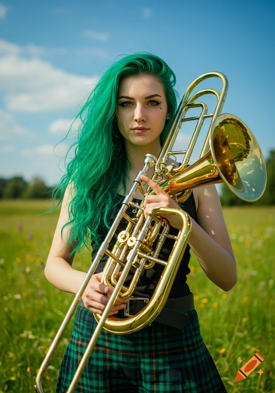 Photorealistic portrait of a young woman with vibrant green hair and a nose ring, holding a trombone in a sunny grassy field.
