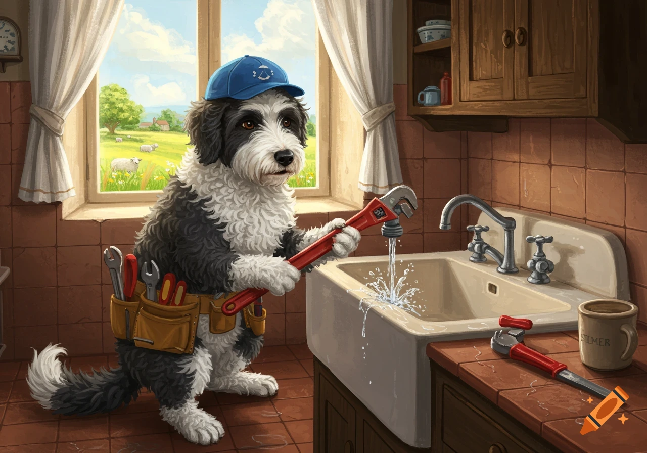 A fluffy sheepdog in a blue cap and tool belt fixes a leaky kitchen faucet with a wrench. A pastoral scene is outside the window.