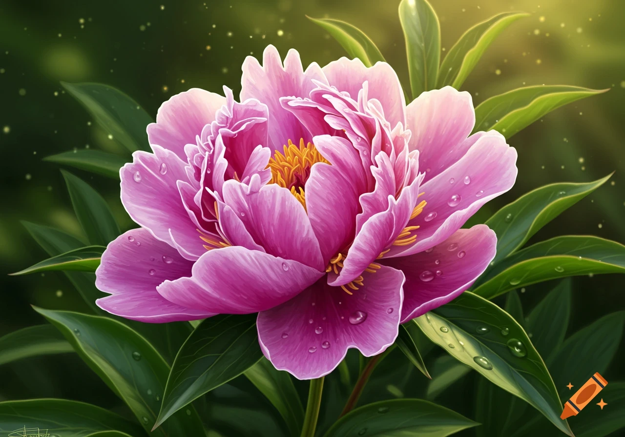 Close-up of a vibrant pink peony flower with water droplets on its petals, set against a soft green bokeh background.