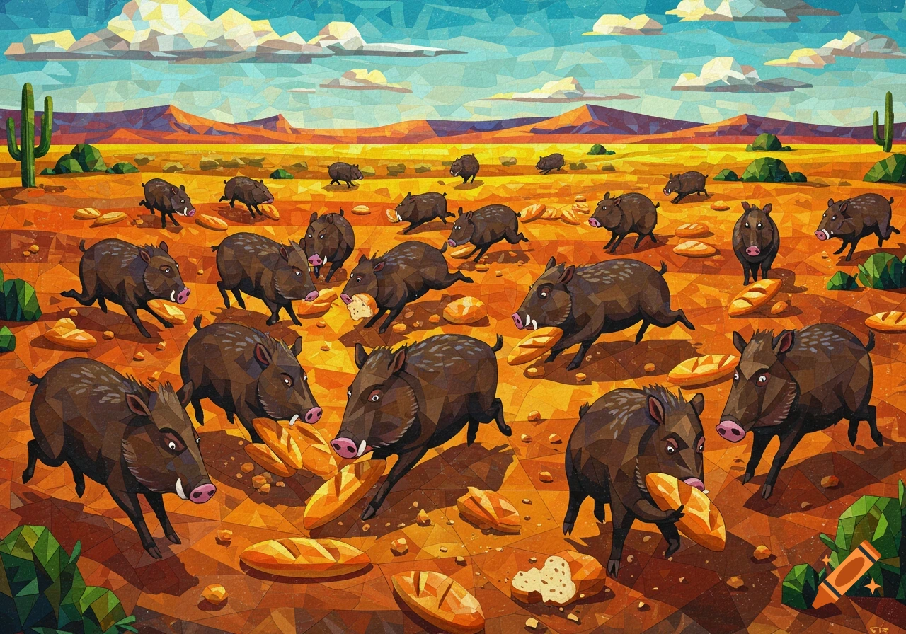 Geometric style desert landscape with many javelinas running and eating loaves of bread.