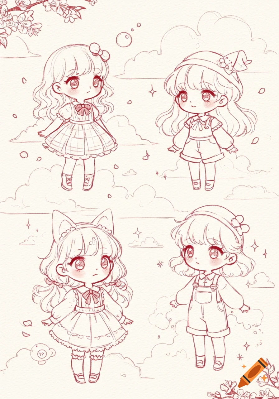 Four cute chibi girls in various outfits, drawn in a red sketch line art style with clouds and cherry blossoms in the background.