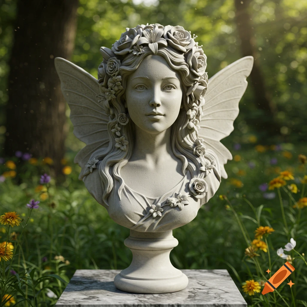 Photorealistic stone bust statue of an elven fairy with a crown of roses and wings, set in a sunny forest garden.