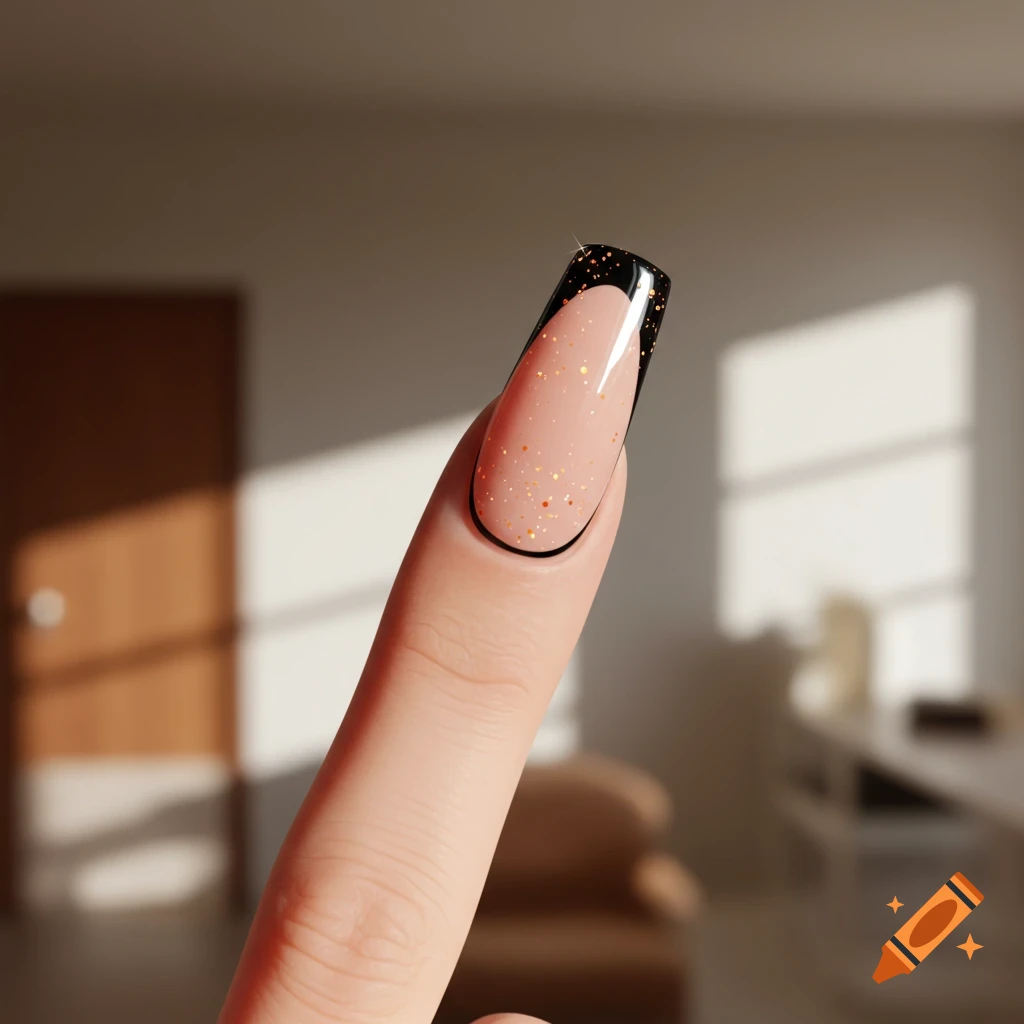 A finger with a long, manicured nail. The nail has a nude base, black French tips, and small orange sparkles, against a blurred interior background.