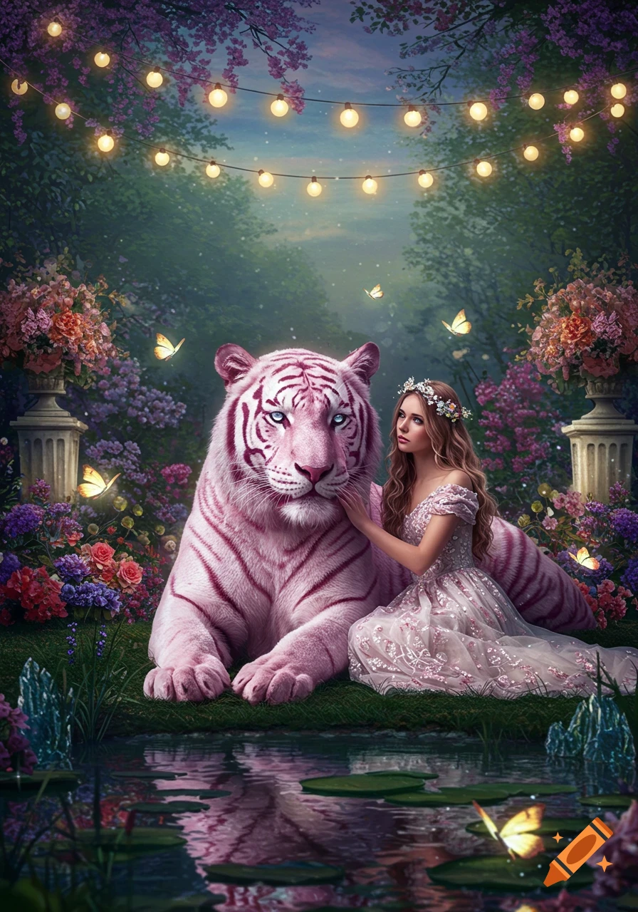 A girl in a floral dress gently touches a pink tiger, both sitting by a pond in a magical forest lit by string lights, with butterflies.