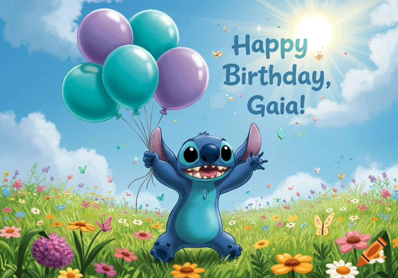 Cartoon Stitch holds balloons in a vibrant flowery field under a sunny sky, with text "Happy Birthday, Gaia!"