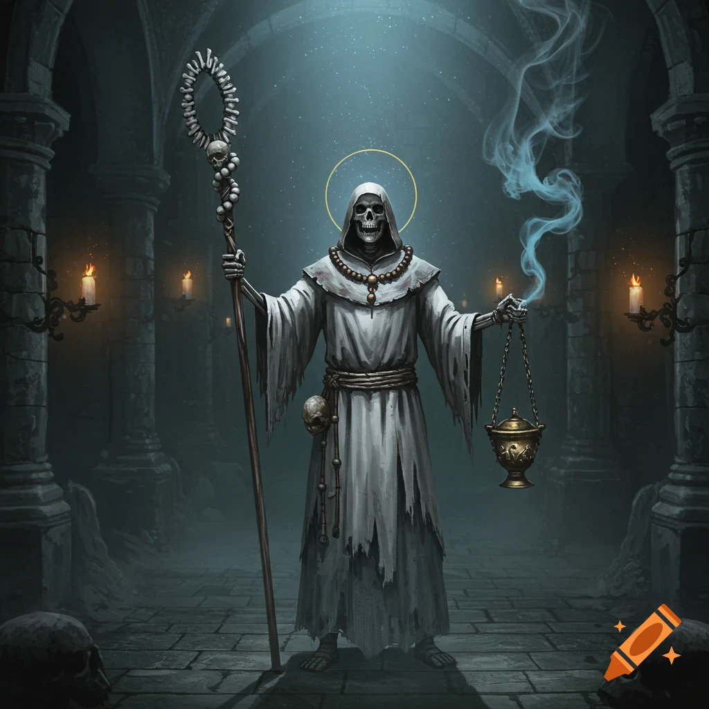 A skeletal monk in tattered white robes holds a staff made of bones and a thurible, standing in a candlelit crypt.