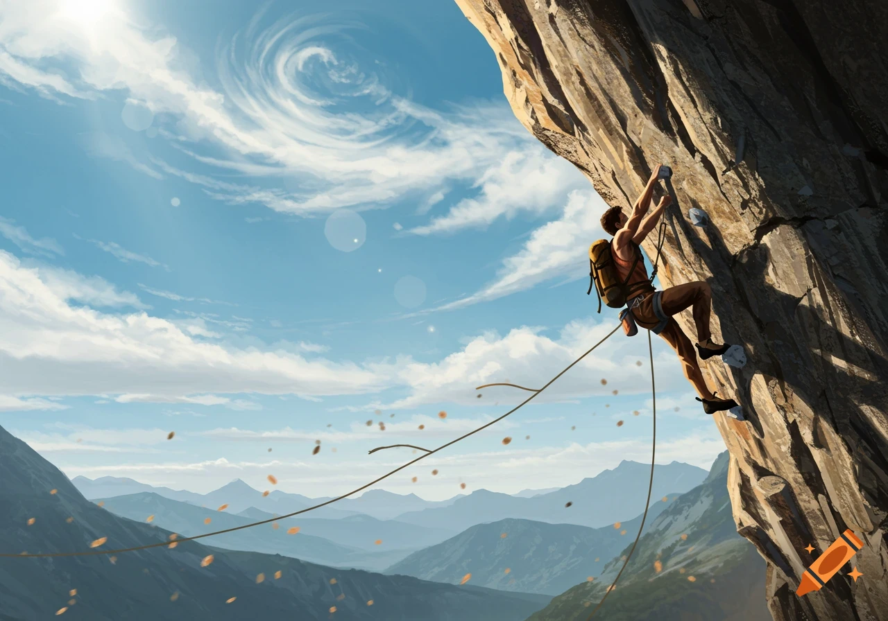 A man in a backpack and climbing gear scales a steep rock face under a sunny sky with distant mountains. Digital painting.