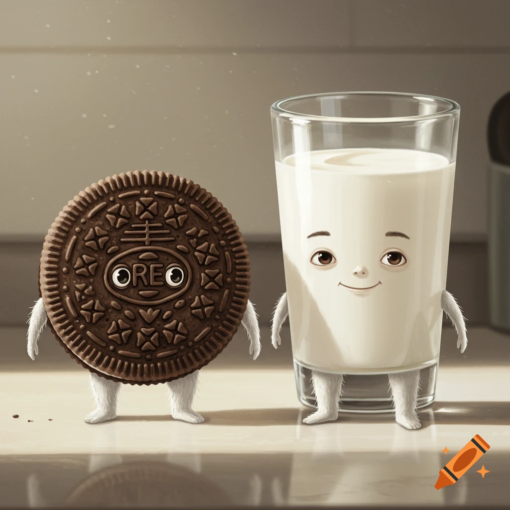An anthropomorphic Oreo cookie with a face and hairy white legs stands next to a smiling glass of milk with hairy white legs.