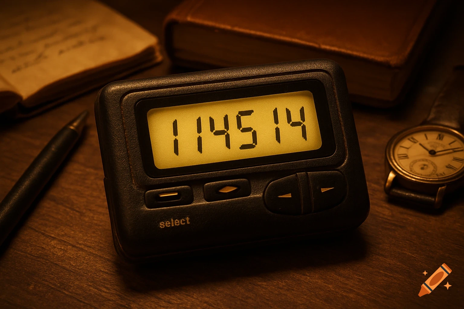 A vintage pager displaying 114514 on a wooden table with a pen, book, and watch in warm light.