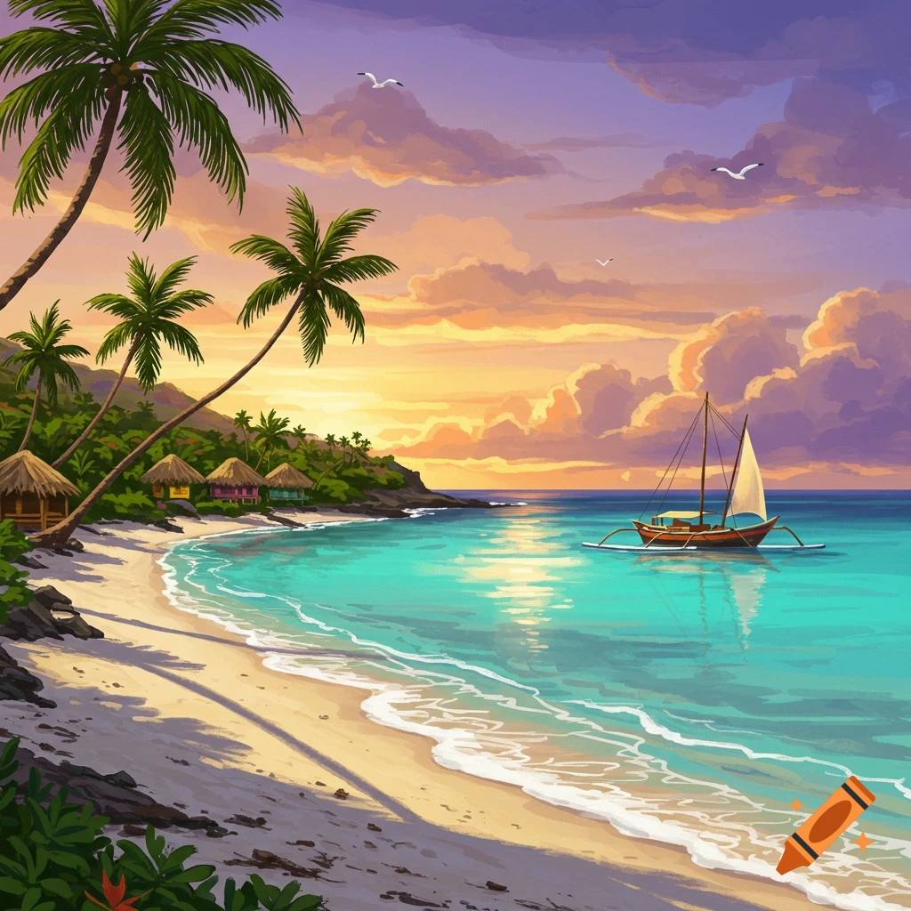 Vibrant illustration of a tropical beach at sunset with palm trees, bungalows, and a sailboat on turquoise water.