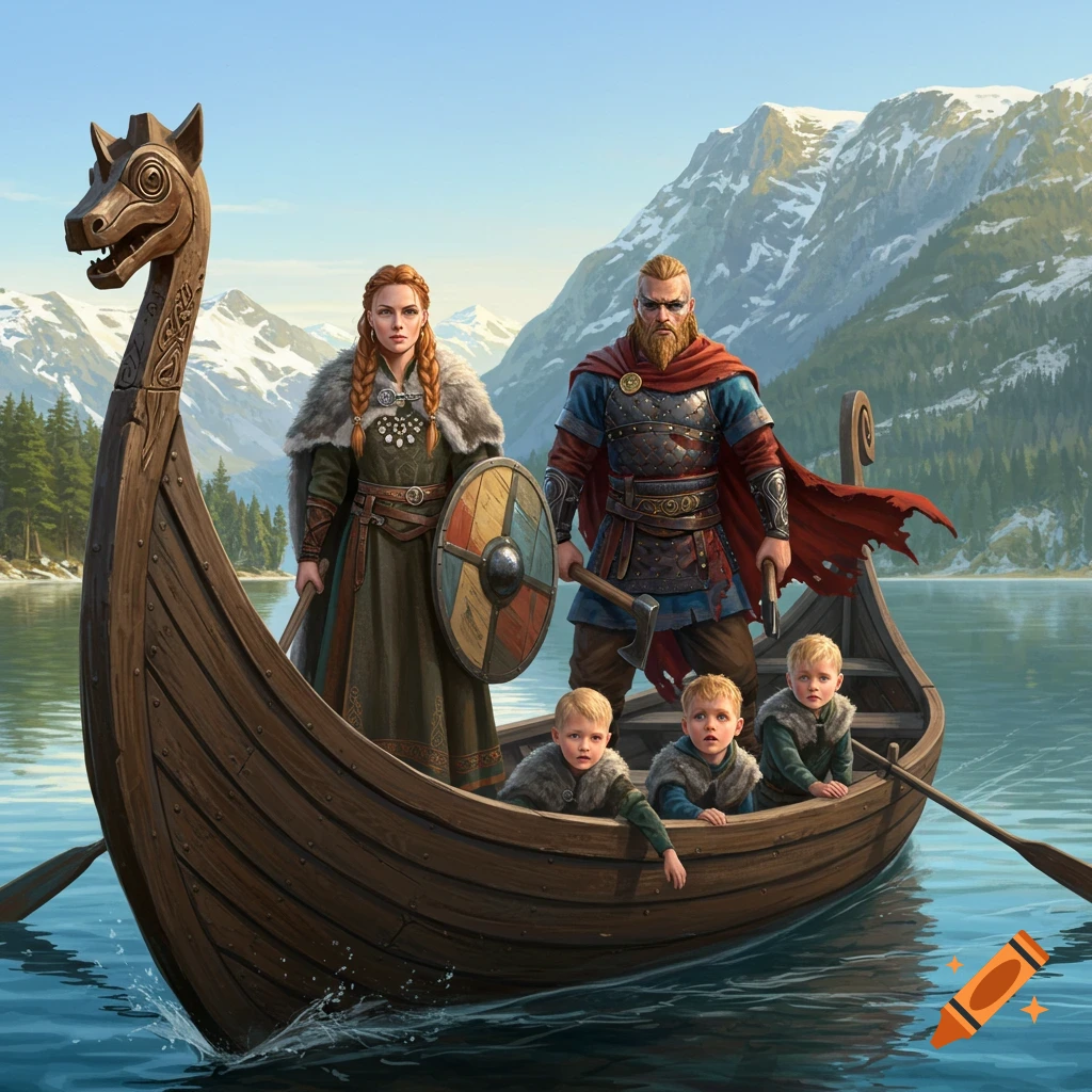 A realistic illustration of a Viking family with a man, woman, and three children in a longboat on a lake with mountains.