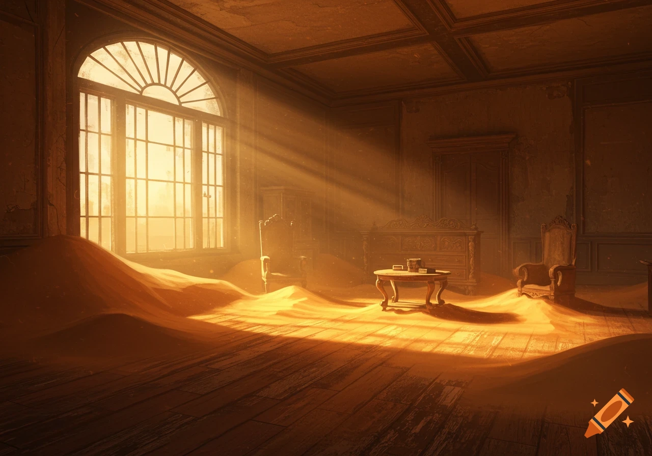 An old, abandoned room filled with orange sand dunes, bathed in golden sunlight streaming through a large arched window.