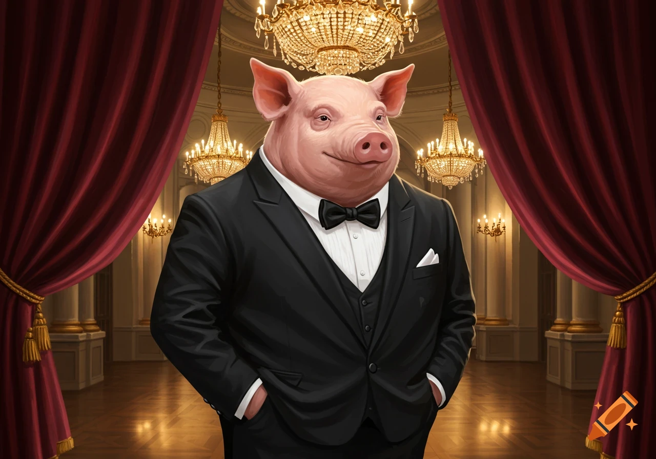 A distinguished anthropomorphic pig in a black tuxedo stands in a grand ballroom with chandeliers and red curtains.