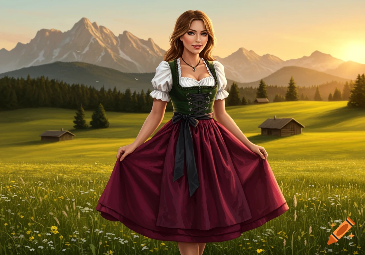 Woman in a traditional green and maroon dirndl stands in a sunny mountain meadow with cabins at sunset.