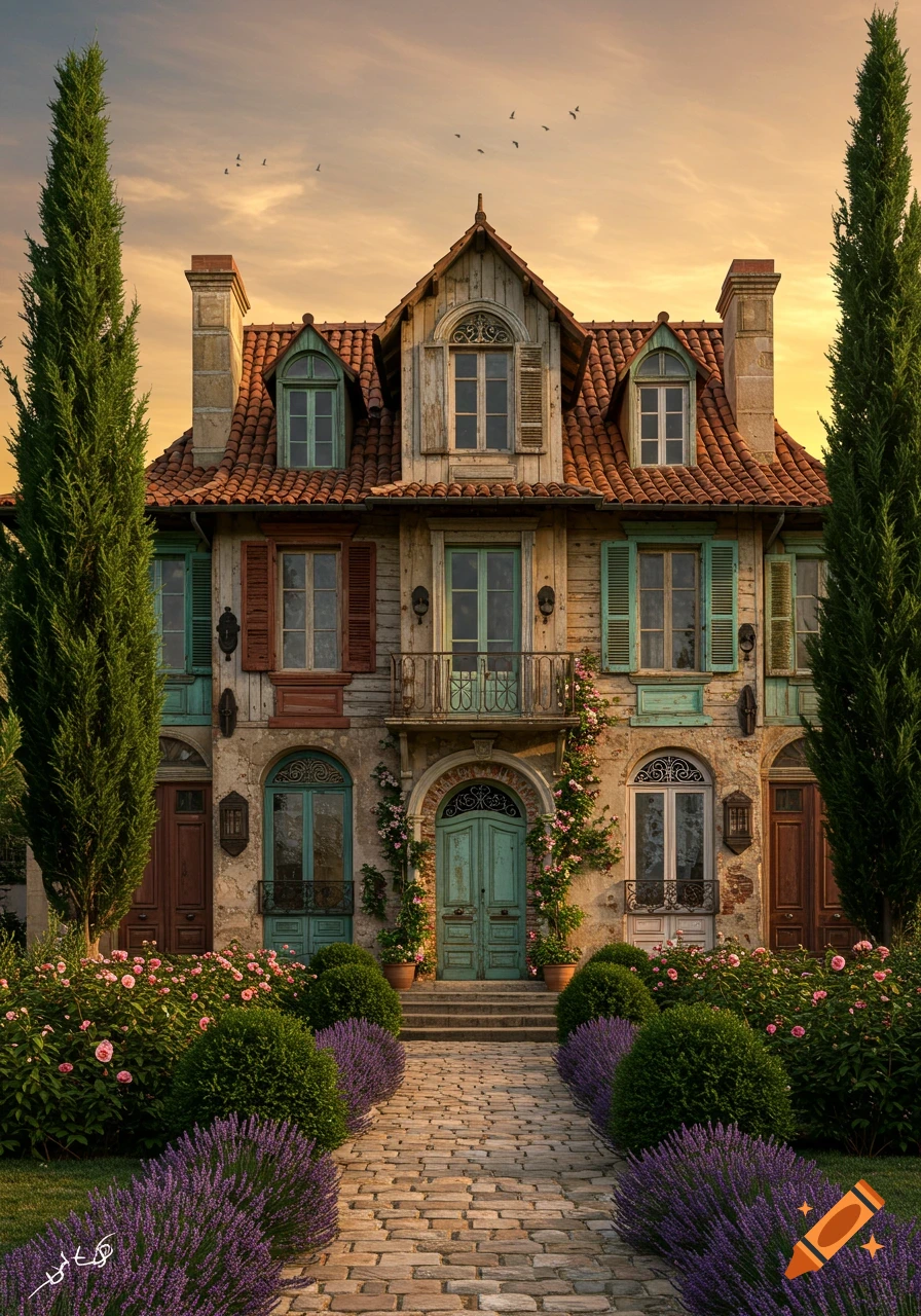 Photorealistic French mansion with numerous teal and wooden doors, surrounded by vibrant lavender, rose bushes, and tall cypress trees.