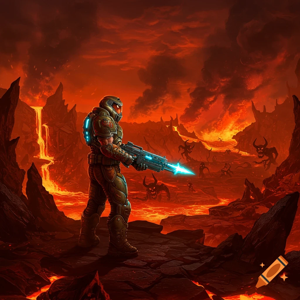 A futuristic soldier stands in a hellish, volcanic landscape, holding a glowing rifle and facing distant demons. Detailed illustration style.