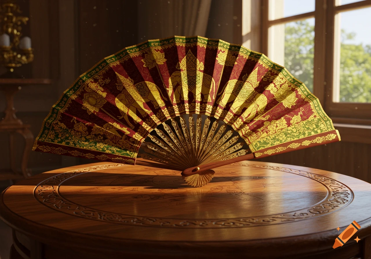 A vibrant Thai hand fan with golden elephant and lotus patterns rests on a carved wooden table in soft light.