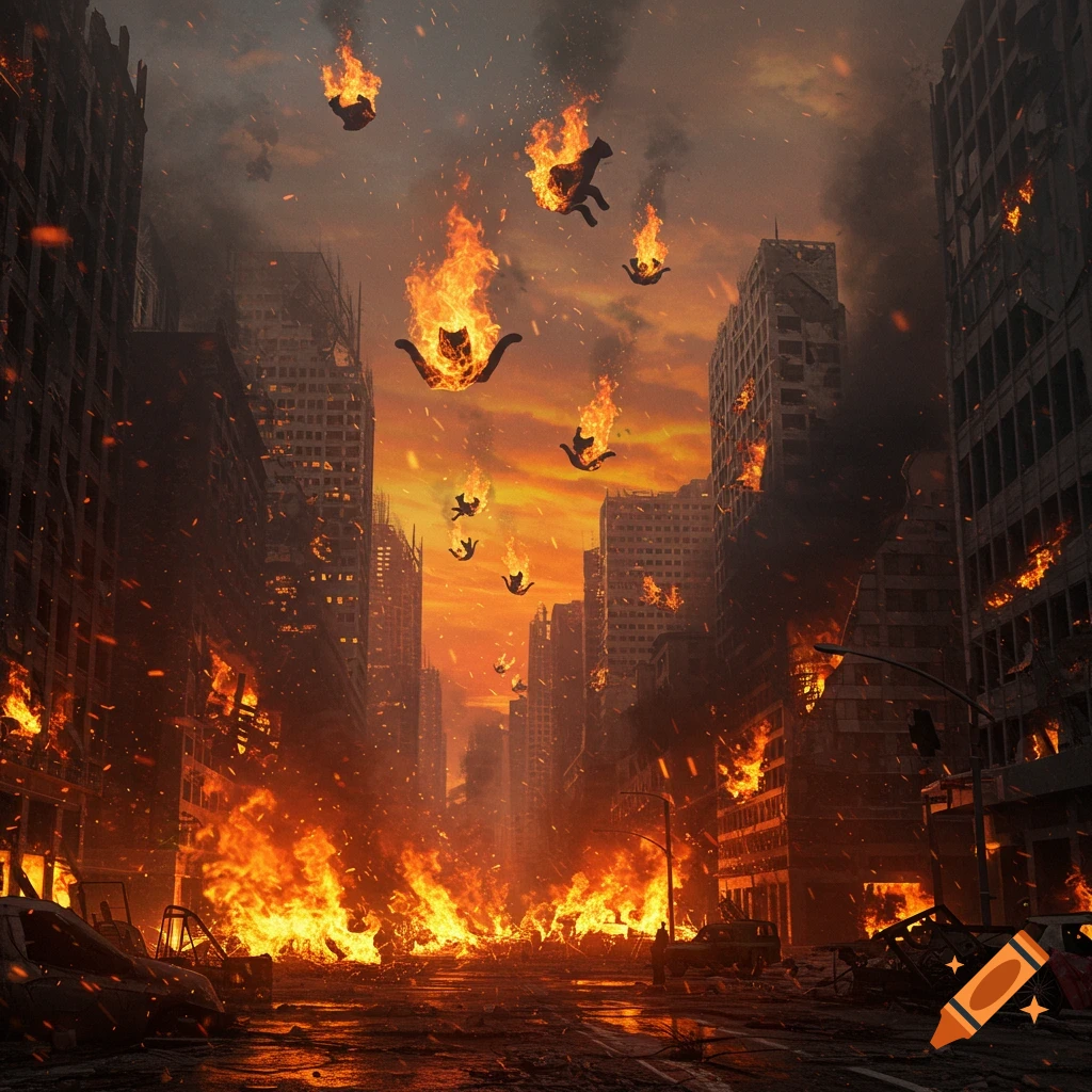 Apocalyptic city on fire at sunset with ruined buildings and burning cats falling from a smoky sky.