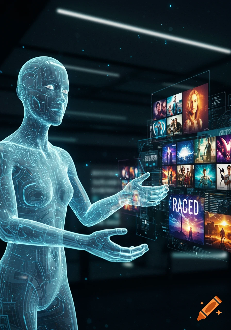 A translucent blue AI humanoid figure interacts with holographic screens displaying various media content in a dark, futuristic setting.