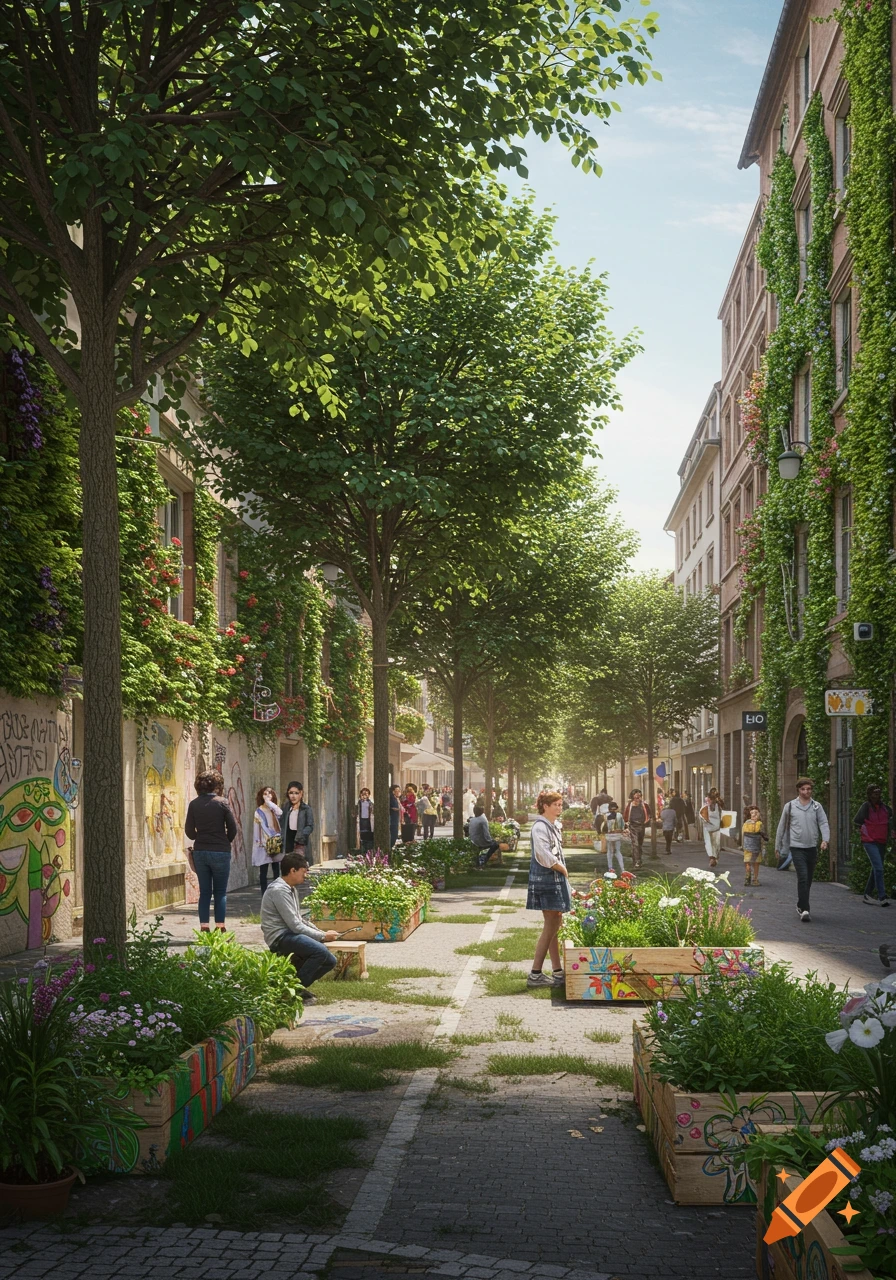 A bustling, green urban streetscape with numerous trees, planter boxes, and people walking and sitting among lush foliage, bathed in sunlight.