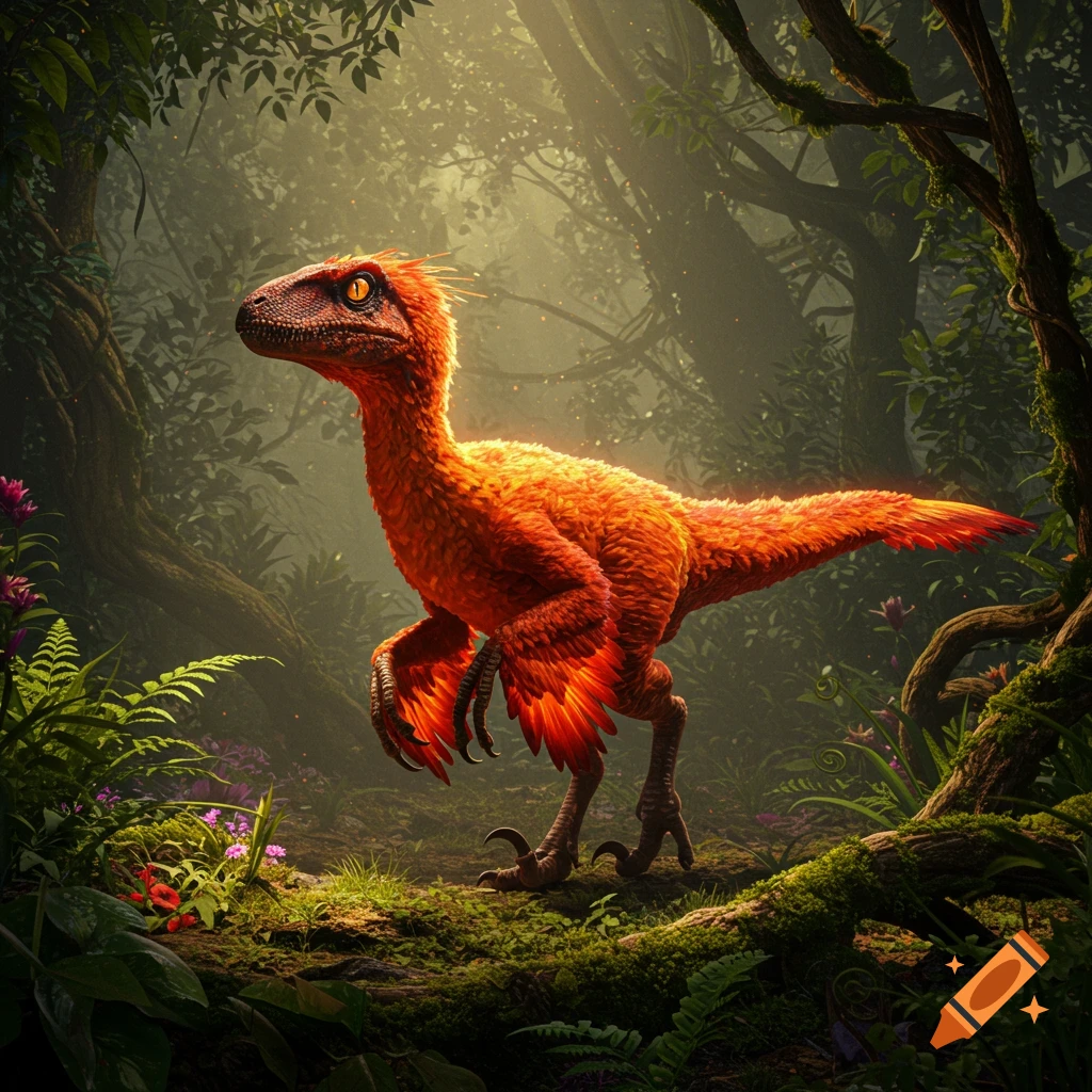 A vibrant orange feathered pyroraptor stands in a lush, sun-dappled prehistoric jungle, photorealistic style.