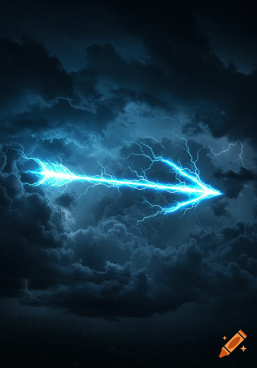 A bright blue lightning bolt shaped like an arrow streaks through dark, stormy clouds.