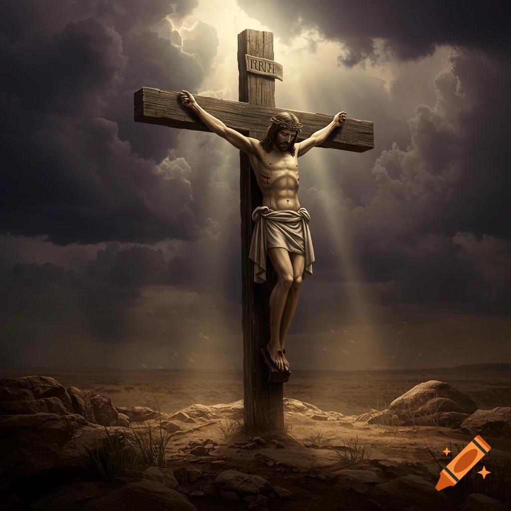 A dramatic, photorealistic depiction of Jesus Christ crucified on a wooden cross under a stormy sky with sun rays shining down.